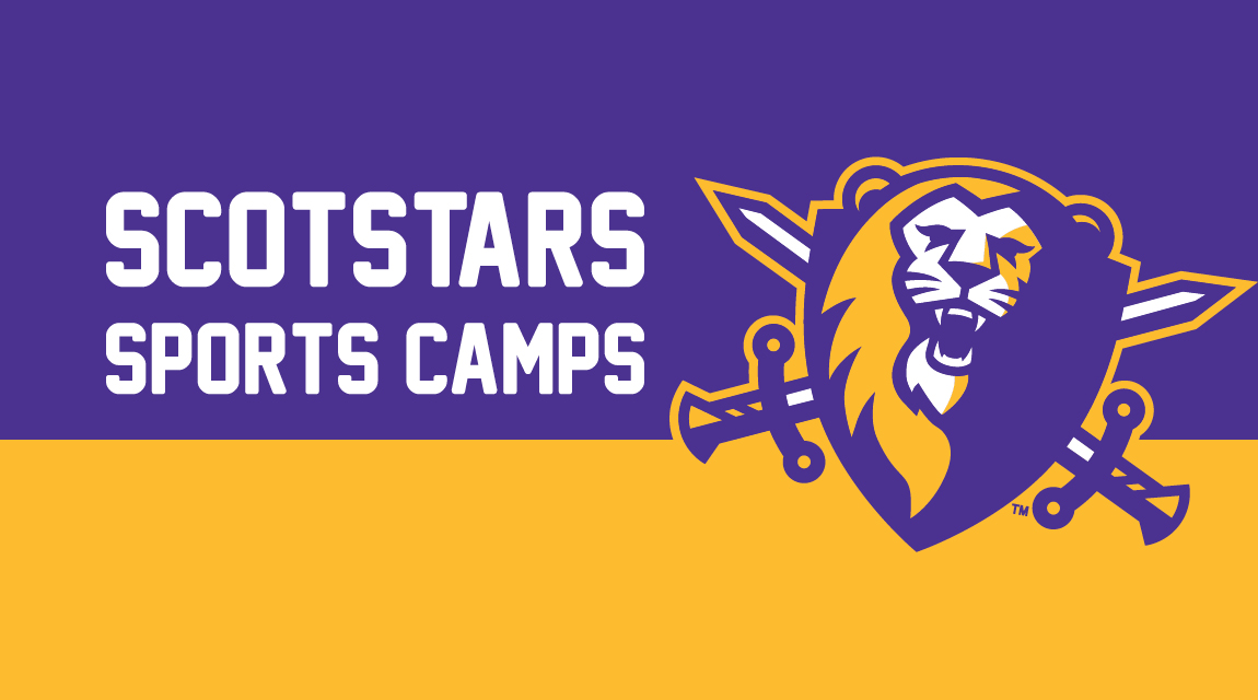 ScotStars Sports Camps graphic with Roary the lion  illustration accompanied by two swords crossed behind his head. 
