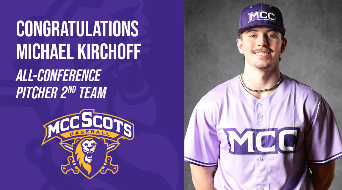 MCC Scots baseball player Michael Kirchoff honored as All-Conference Pitcher 2nd Team with team logo and purple uniform.