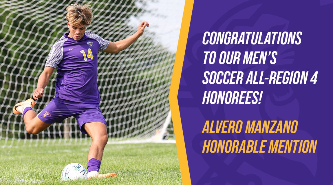 Men's soccer player in a purple jersey, number 14, kicking a ball on grass with congratulatory text for Alvero Manzano Garcimartin's honorable mention.