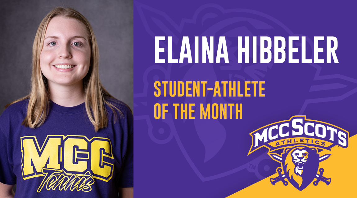 January 2025 Student Athlete of the Month Elaina Hibbeler poses for a formal photo wearing her MCC Tennis shirt.