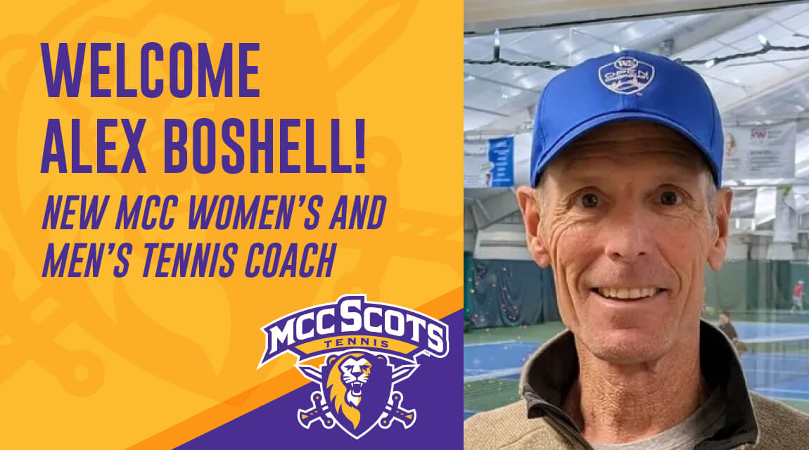 Portrait of Alex Boshell, wearing a blue cap, announced as the new MCC women's and men's tennis coach.