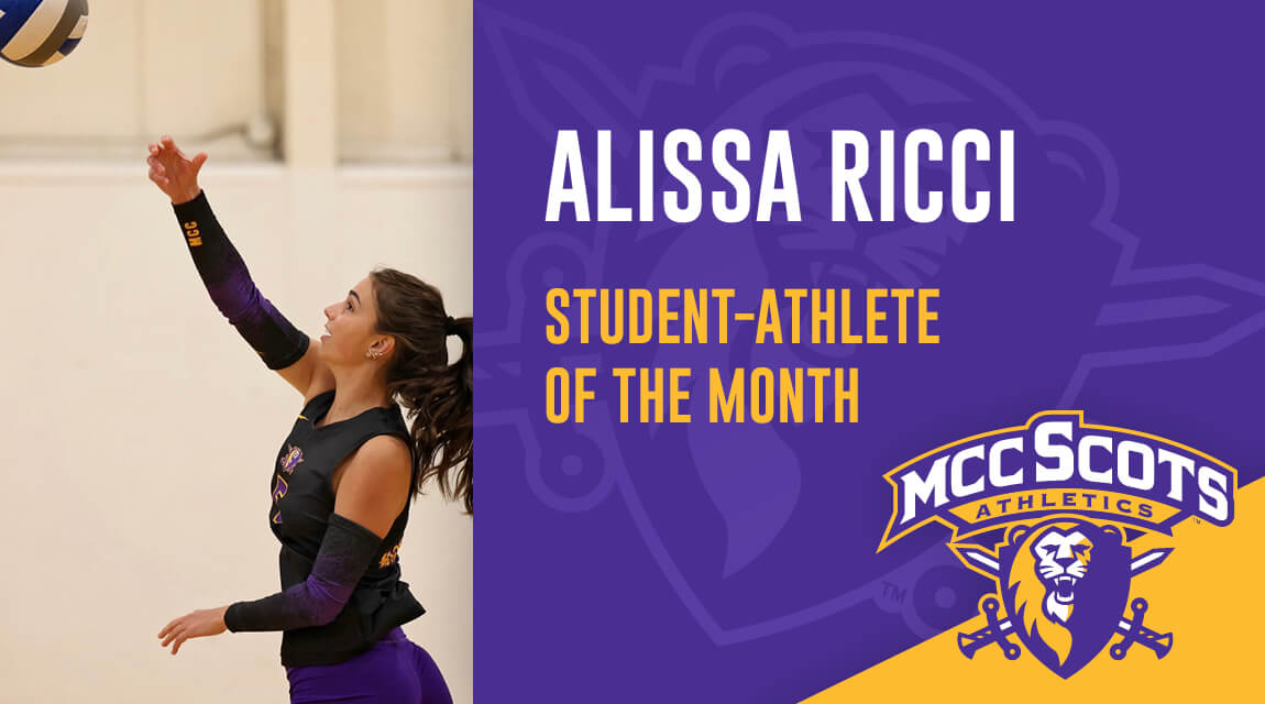 Scots volleyball player Alissa Ricci wears her black and purple uniform while reaching up to hit a volleyball indoors. The MCC Scots Athletics logo and the text 'Student-Athlete of the Month' are displayed beside her.