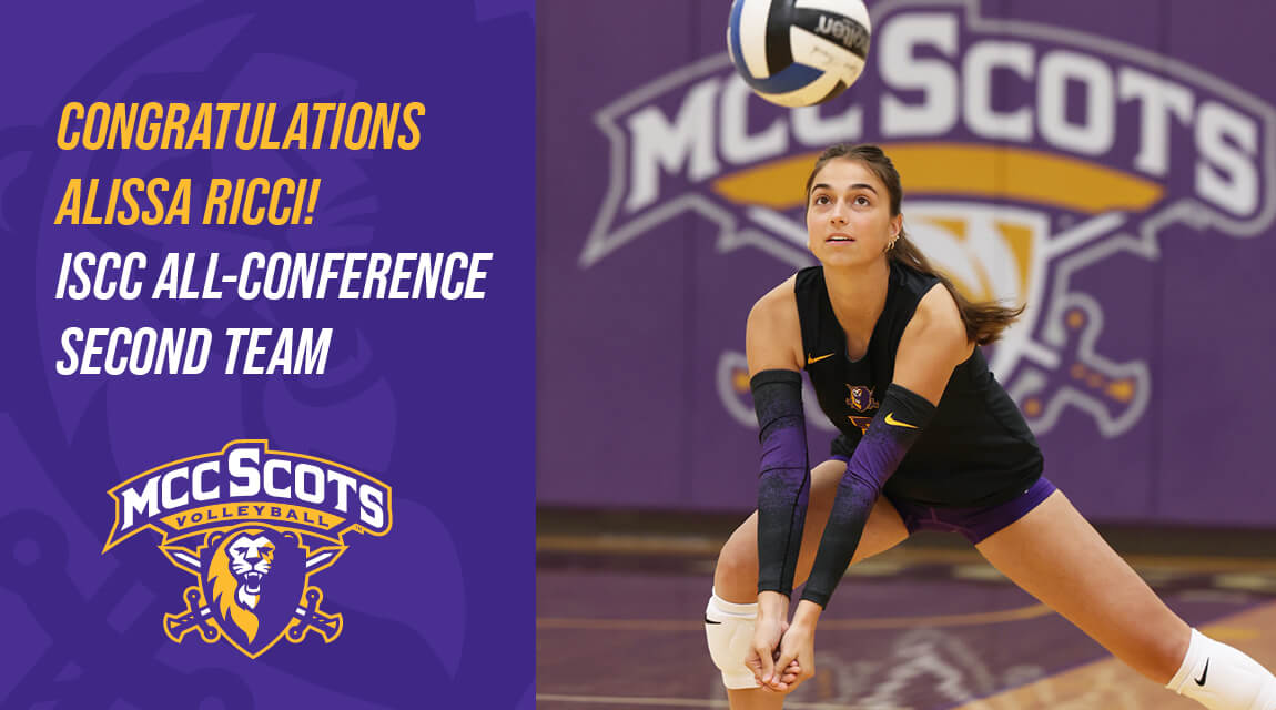 Volleyball player Alissa Ricci in a black and purple uniform performing a forearm pass during a game at MCC Scots court.